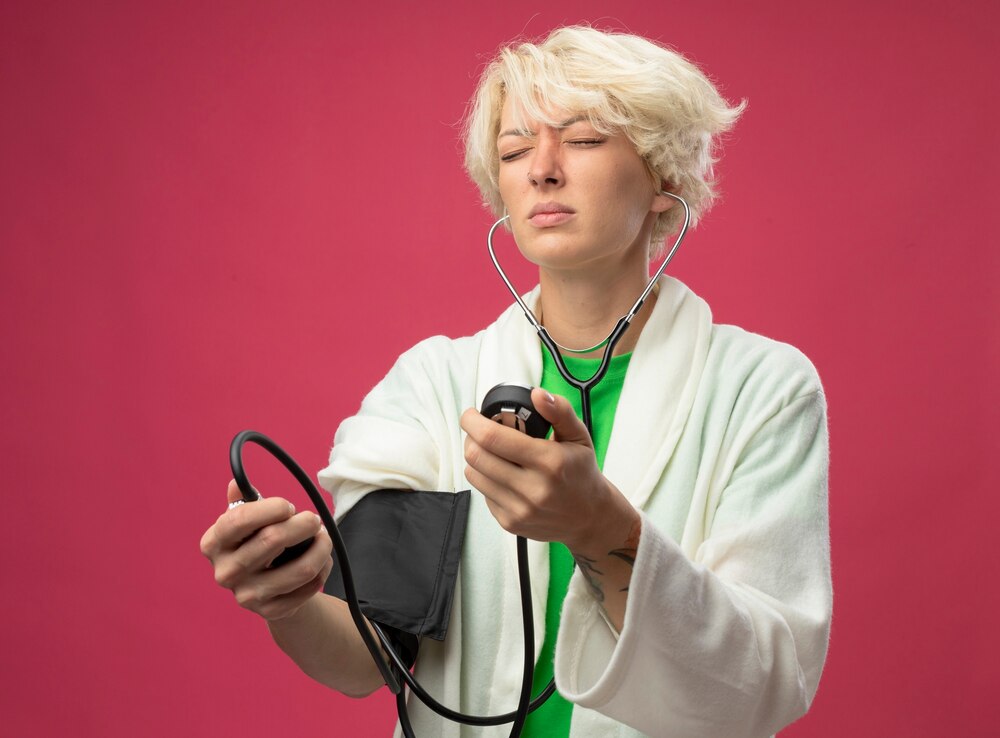 Sick unhealthy woman with short hair with stethoscope measuring her blood pressure feeling unwell standing over pink background